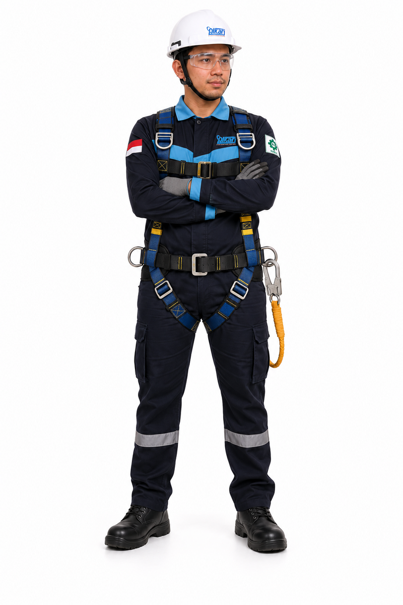 Teknisi PT Dikari dengan APD lengkap dan full-body harness siap kerja di ketinggian